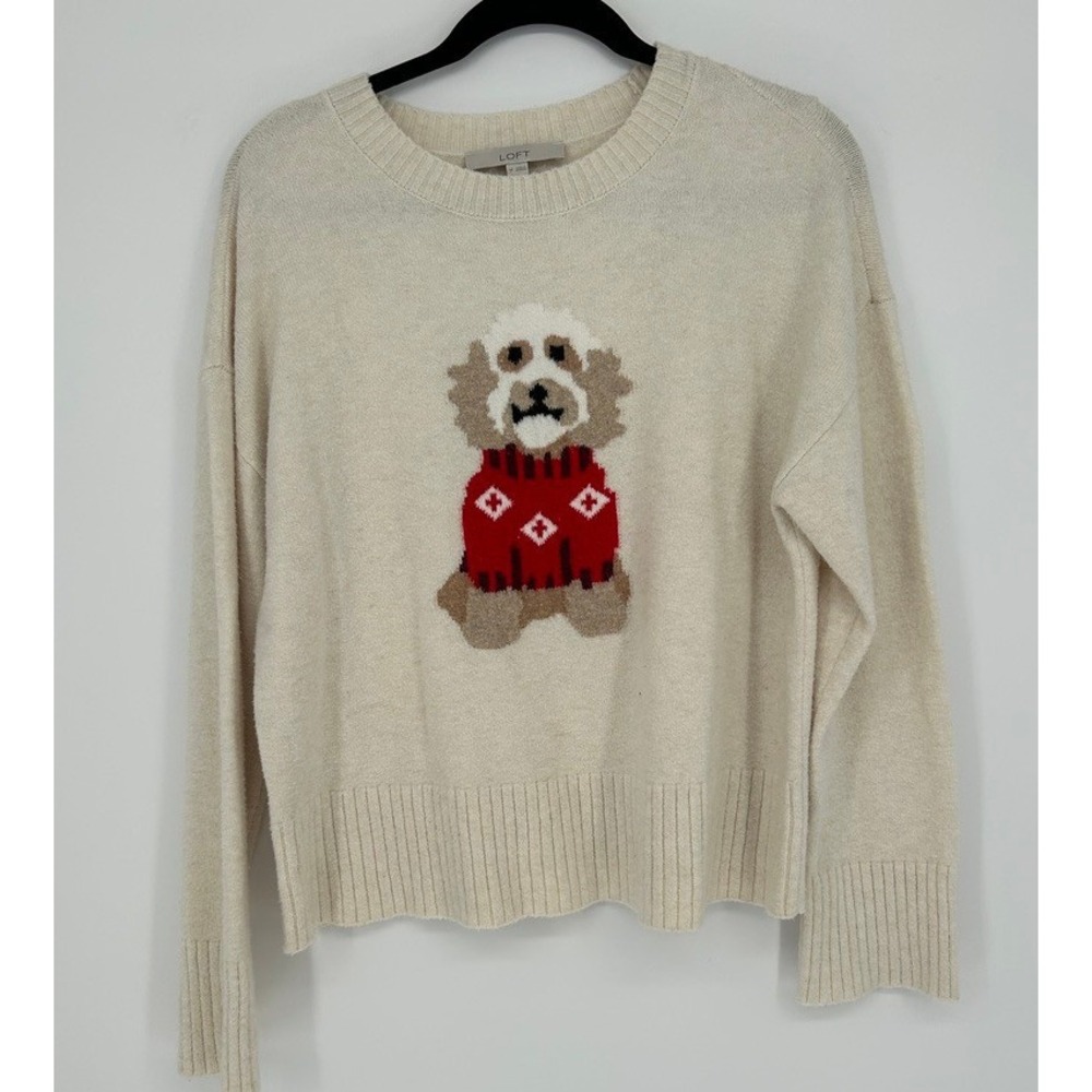 LOFT Womens M Cream Dog Sweater Cottagecore Novelty Knit Grandmacore Preppy